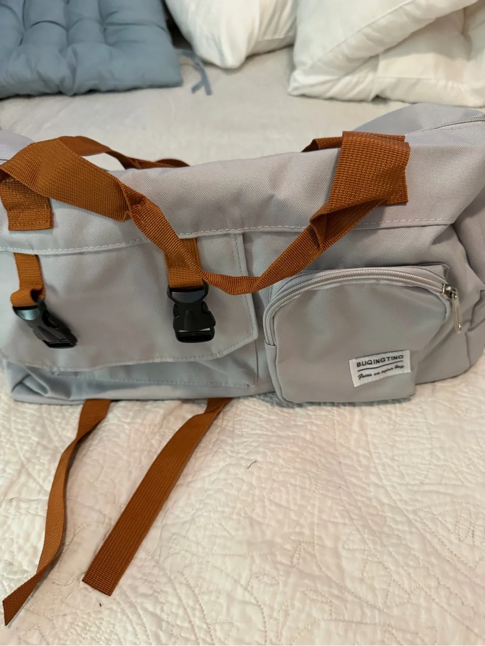 Men’s Light Gray Duffle Bag with Brown Straps